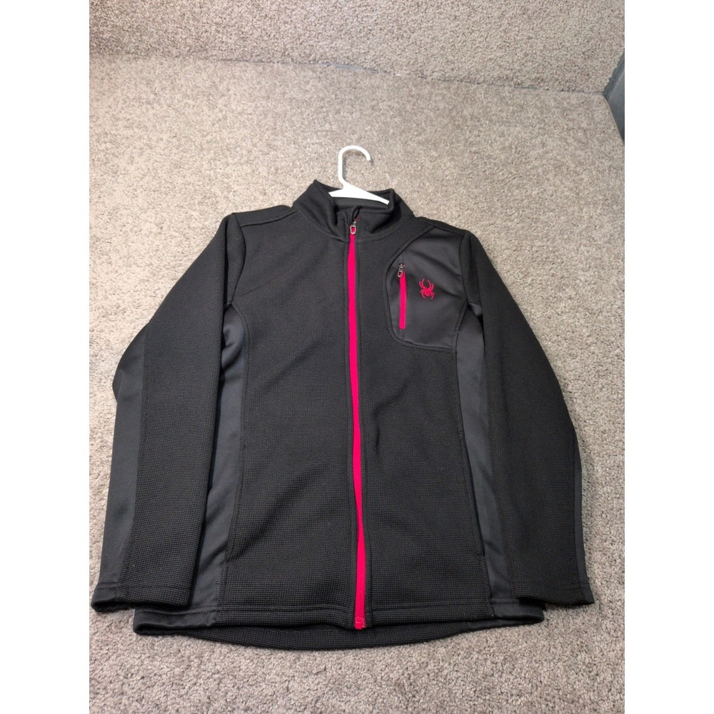 Spyder Girls Black Pink Full Zip Waffle Knit Athletic Jacket L 14/16 Mock Neck